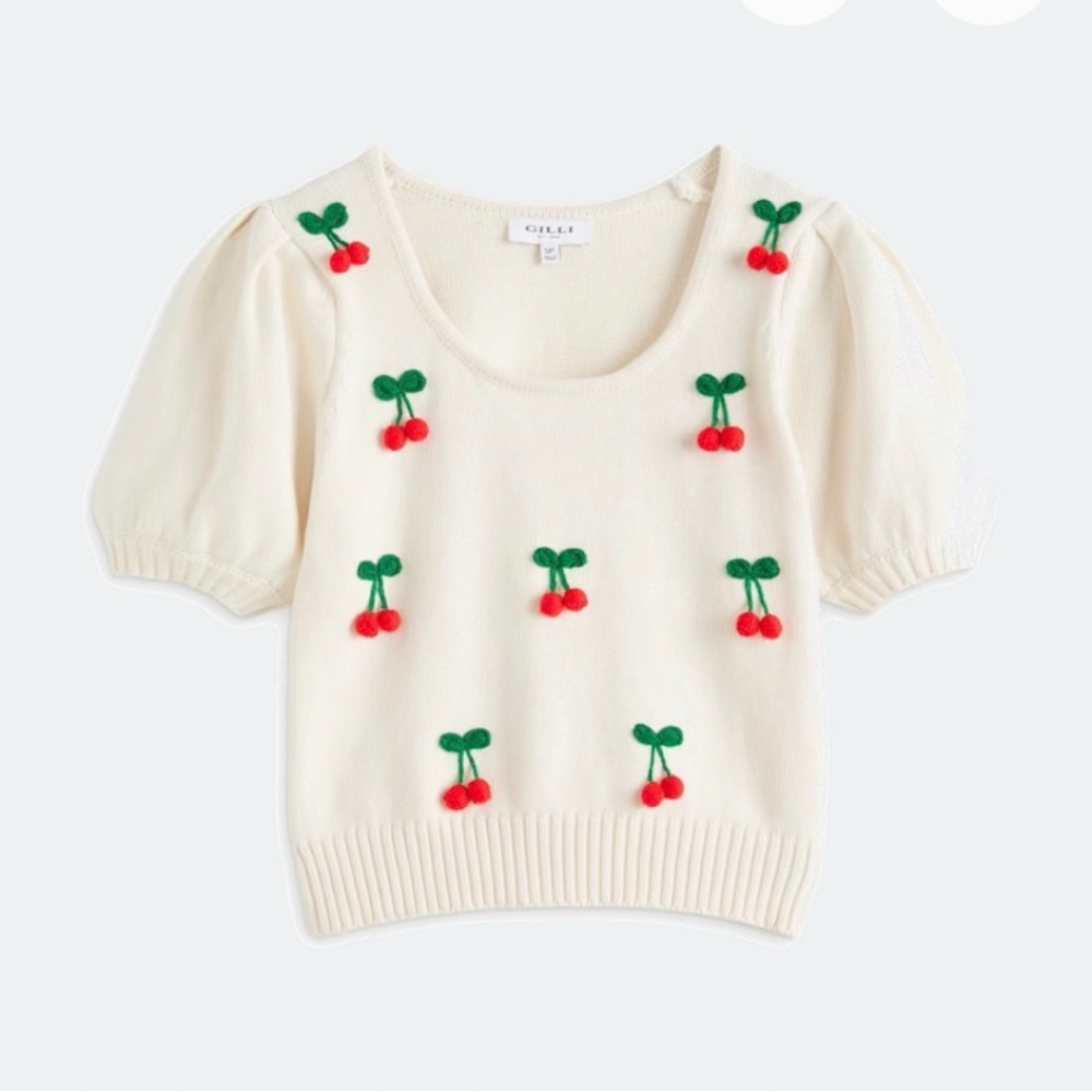 Gilli Anthropologie Pom Pom Cherries Scoop Neck Sweater Top, MP, EUC